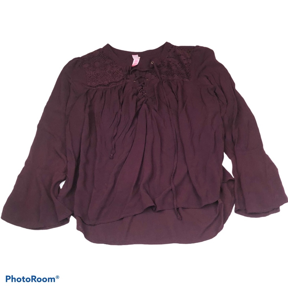 NoBo Wine Burgundy Boho Shirt Bell Sleeve Lace Up
